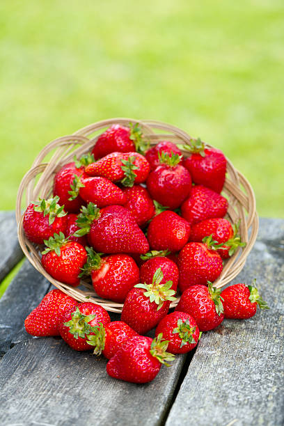 istock basket with strawberries on a garden wooden table 607762926