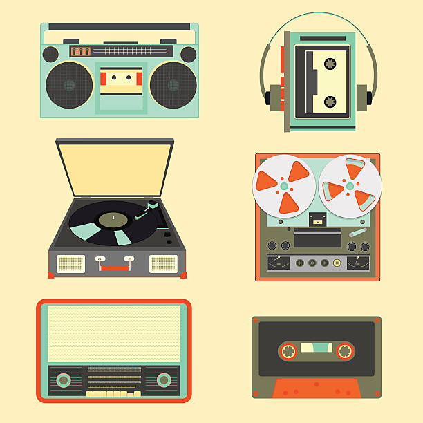 ilustrações de stock, clip art, desenhos animados e ícones de set of retro music gadgets from 21-st century - reel to reel tape