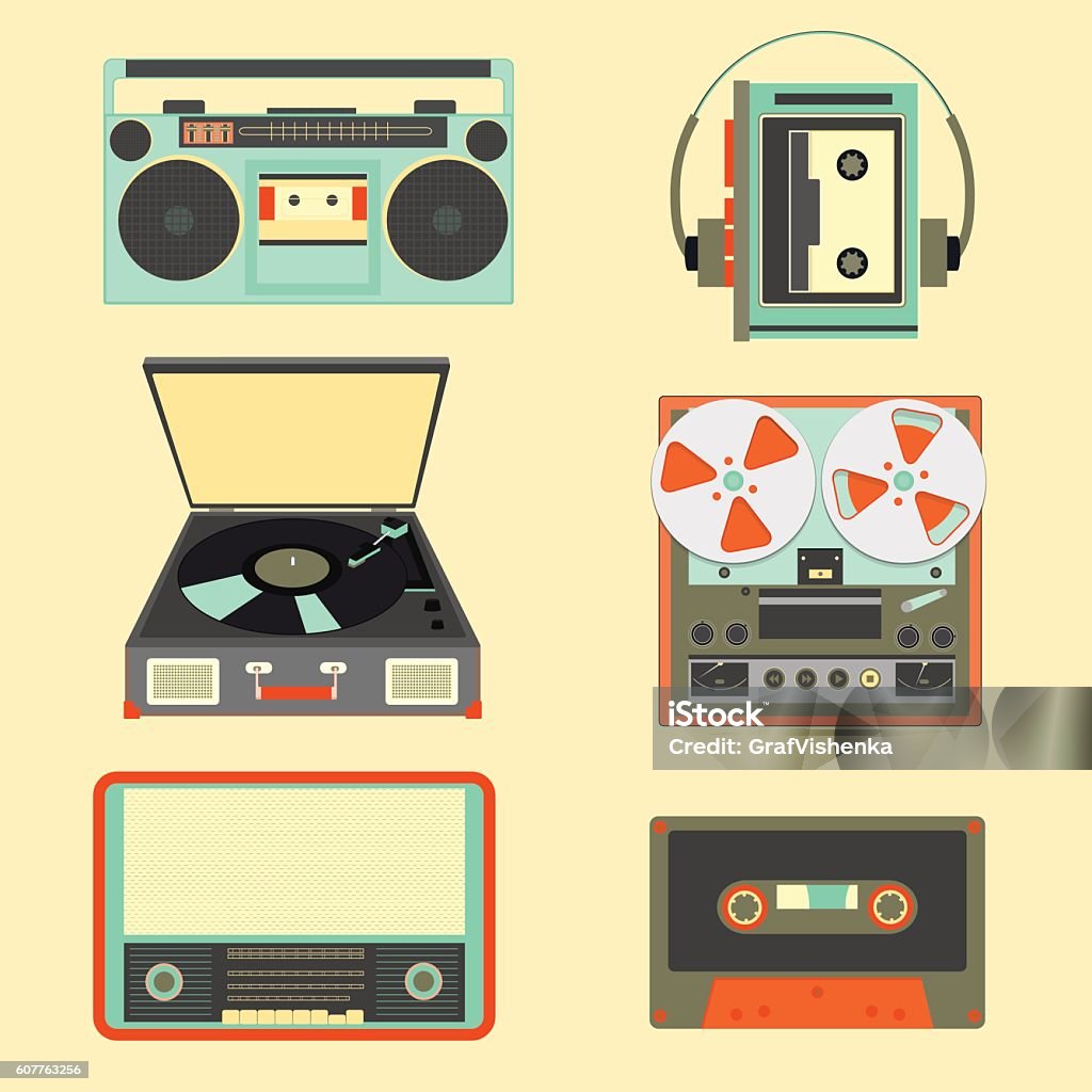 Set of retro music gadgets from 21-st century Set of retro music gadgets from 21-st century. Old musical devices vector illustration. Tape stereo system, audio cassette, reel-to-reel recorder, walkman player, radio, gramophone Reel-To-Reel Tape stock vector