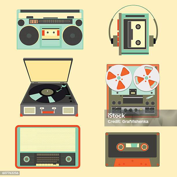 Set Of Retro Music Gadgets From 21st Century Stock Illustration - Download Image Now - Reel-To-Reel Tape, Boom Box, Retro Style