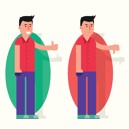 Young man with his thumb up and down. Like and dislike vector illustration. Approval or disapproval, yes or no, positive or negative feedback image