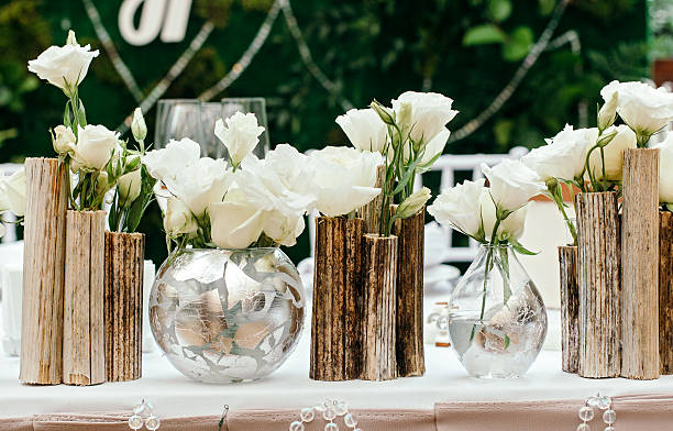istock Beautiful decor at the wedding. The flowers on the background 607764868