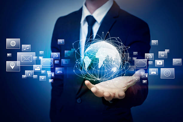 istock Close up of businessman holding global connection 607765614
