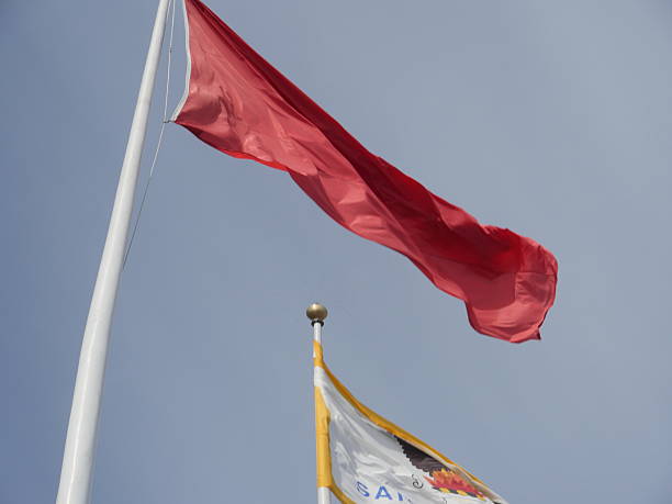 istock Flags of different colors on flagpoles 607771566