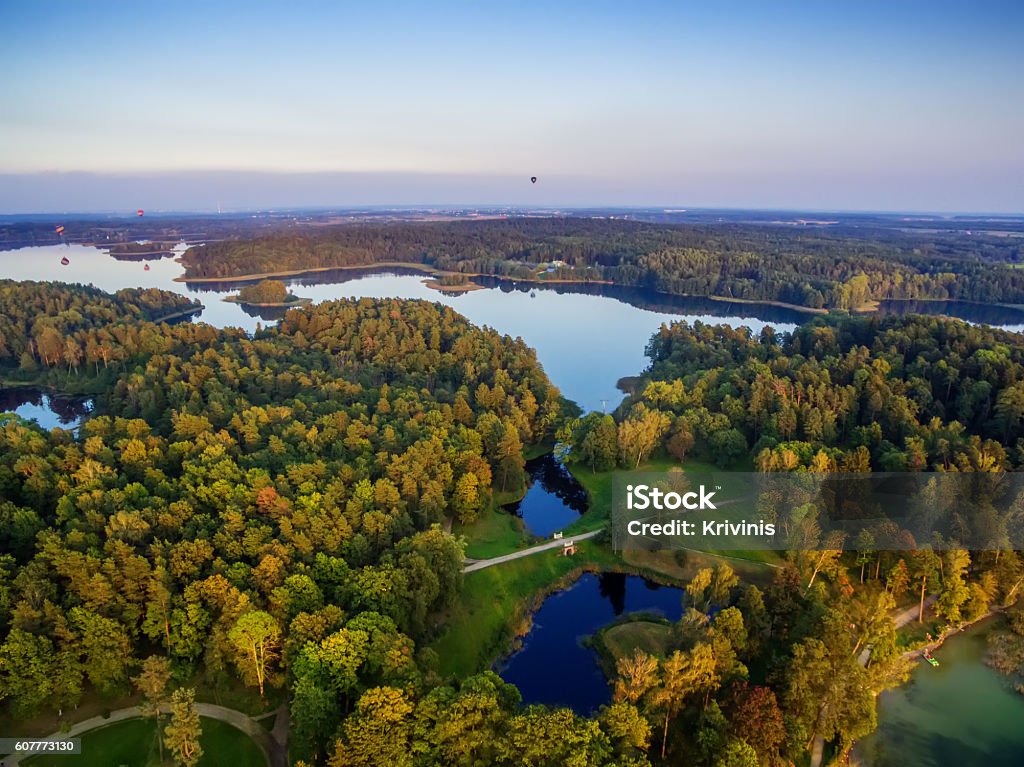 Top view of lakes next to Trakai and Vilnius, Lithuania Aerial UAV top view of lakes next to Trakai and Vilnius, Lithuania in the sunset of autumn Trakai Stock Photo