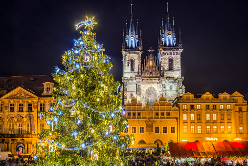 Prague Christmas Market and Christmas Tree in front of our Church of Our Lady before Týn