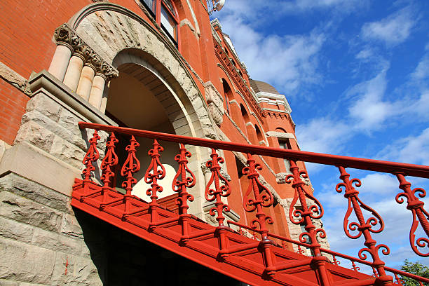 istock Red Steel Staircase 607774926
