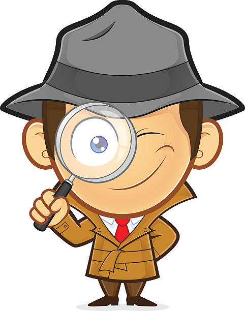 Detective holding a magnifying glass Clipart picture of a detective cartoon character holding a magnifying glass detective illustrations stock illustrations