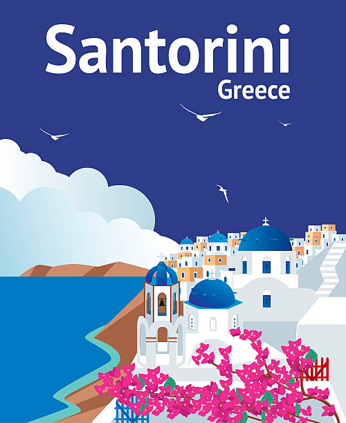 ilustraciones, imágenes clip art, dibujos animados e iconos de stock de santorini  - greece greek islands town village