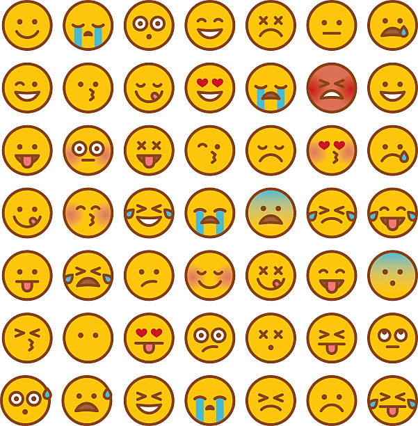 Cute Set of Simple Emojis A simple set of 49 different emoji faces. Emotions include happy, sad, surprised, hungry, dead, upset, angry, ambivalent, in love, and so on. embarrassed stock illustrations