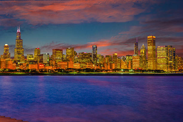 istock Chicago skyline at dusk ,ILL 607871838