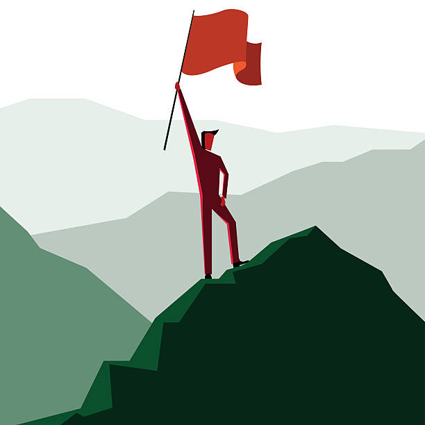 człowiek z flagą na szczycie góry - conquering adversity progress achievement challenge stock illustrations