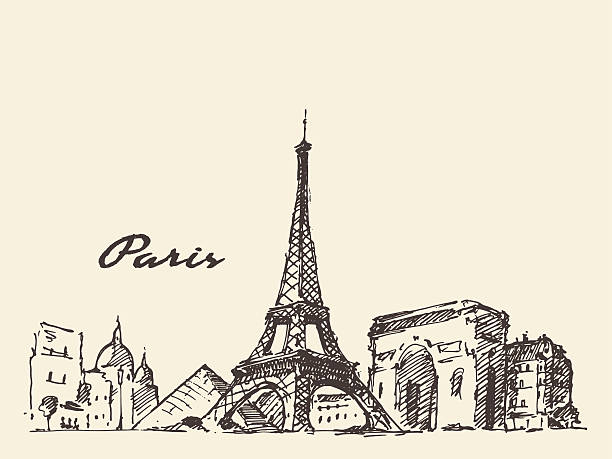 skyline von paris, frankreich-hand gezeichnete illustrationen - building exterior built structure street paris france stock-grafiken, -clipart, -cartoons und -symbole