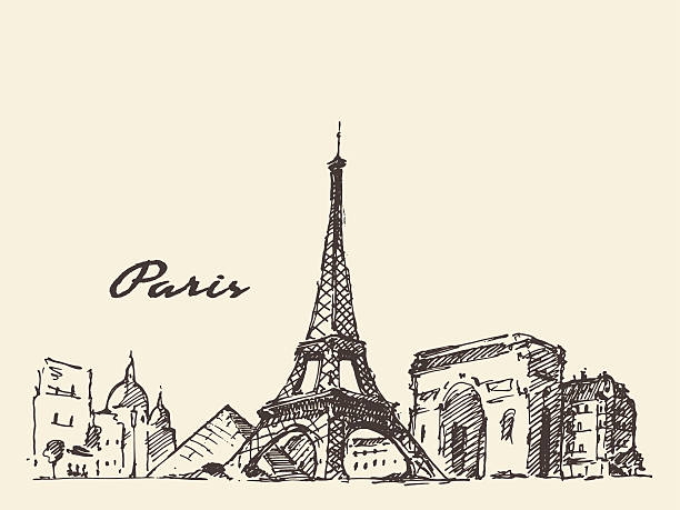 프랑스 파리 스카이라인의 그림 수작업 - paris france eiffel tower tower retro revival stock illustrations