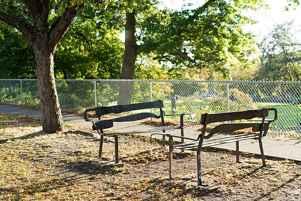 istock Glorious Sunny Shadow Lighting Two Empty Benches Public City Park 607880062