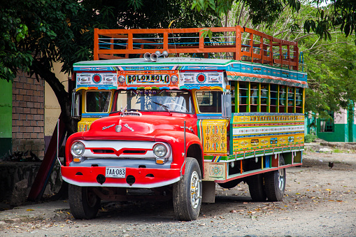 Bolombolo, Colombia - June 30,  2016: Colorful traditional rural bus from Colombia called chiva