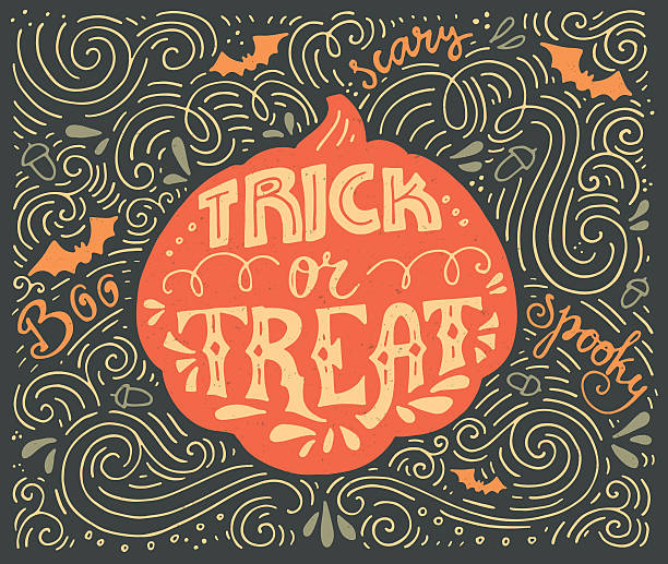 Trick-or-treat lettering Trick or treat-Â inspirational quote. Vector art. Unique design element for housewarming poster or banner. Halloween series with pumpkin. halloween patterns stock illustrations