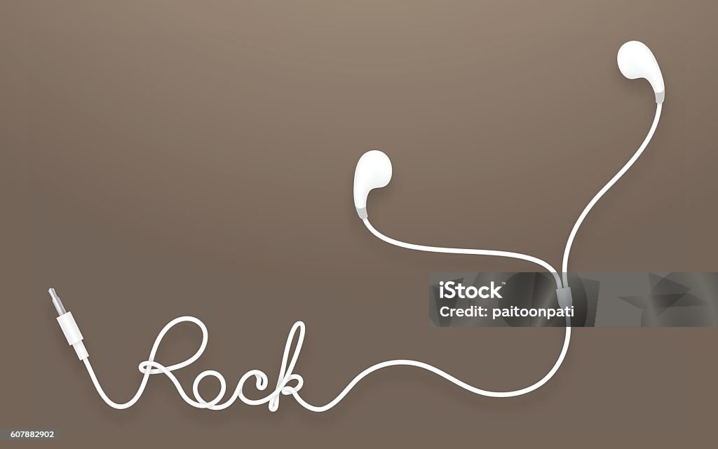 Earphones, Earbud type white color and rock text Earphones, Earbud type white color and rock text made from cable isolated on brown gradient background, with copy space In-ear Headphones stock vector