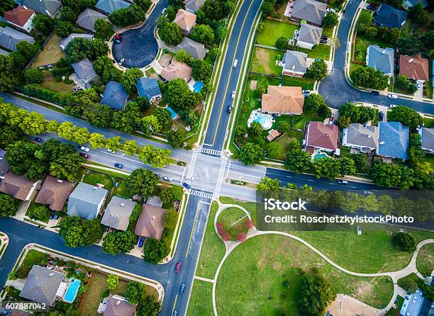 Aerial Looking Straight Down Suburban Intersection Stock Photo - Download Image Now - Community, Public Park, Austin - Texas