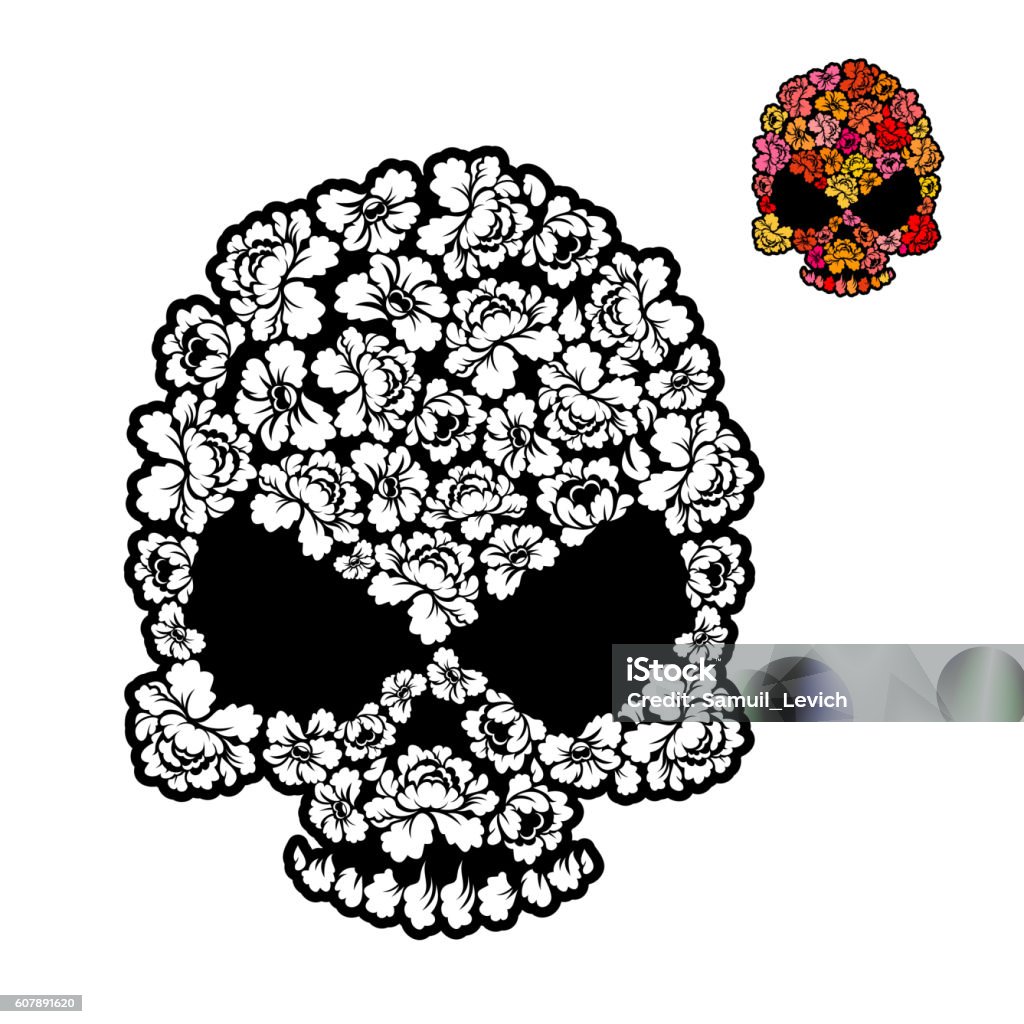 Flower skull coloring book. mexican Head skeleton of rose petals Flower skull coloring book. mexican Head skeleton of rose petals for coloring. Adult stock vector