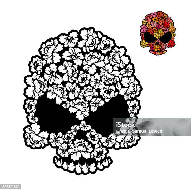 Flower Skull Coloring Book Mexican Head Skeleton Of Rose Petals Stock Illustration - Download Image Now