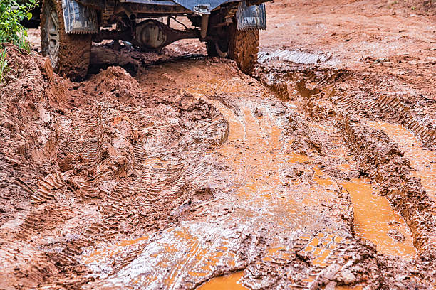 istock Tire tracks on a muddy road. 607893654