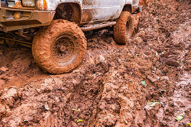 istock Tire tracks on a muddy road. 607893802