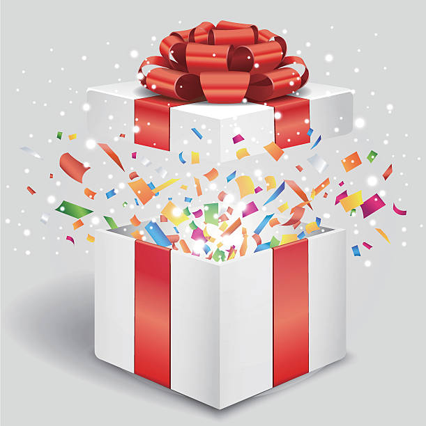 Opened gift box with red bow and confetti Vector EPS 10 format. birthday present stock illustrations
