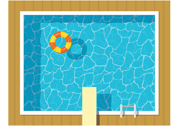 ilustraciones, imágenes clip art, dibujos animados e iconos de stock de vista superior de la piscina con anillo inflable y salto de trampolín. - diving board