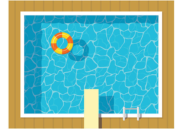 Swimming pool top view with inflatable ring and springboard jump. Swimming pool top view with inflatable ring and springboard jump. Blue water leisure relaxation holiday travel. Resort swimming vector pool luxury lifestyle tropical outdoor. diving board stock illustrations