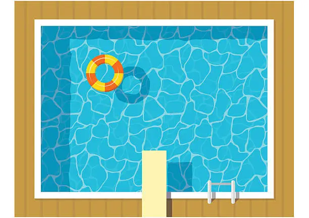 Vector illustration of Swimming pool top view with inflatable ring and springboard jump.