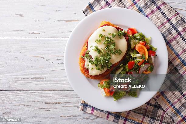 Italian Chicken Parmigiana And Salad Horizontal Top View Stock Photo - Download Image Now