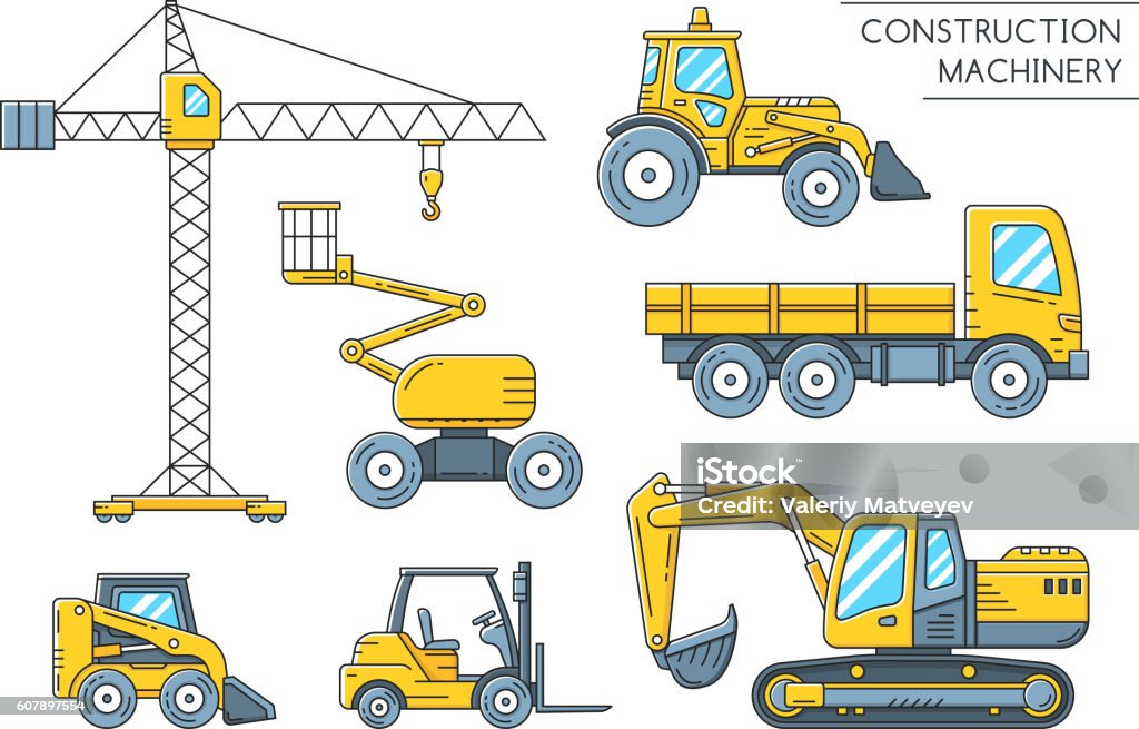 Heavy construction machinery transport outline icons Heavy construction transport outline icons. Construction machinery flat line art collection. Vector illustration Construction Industry stock vector