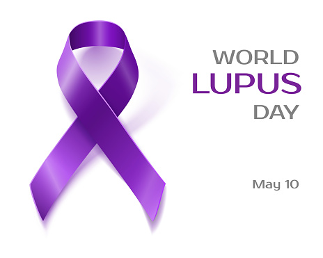 Purple Lupus awareness ribbon over a white background. World lupus day background