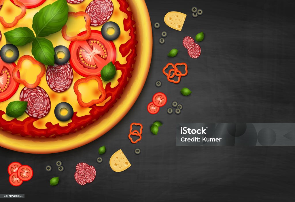 Realistic vector Pizza recipe or menu background Realistic vector Pizza recipe or menu black background. Pizza with tomatoes and pepperoni on blackboard Chalkboard - Visual Aid stock vector