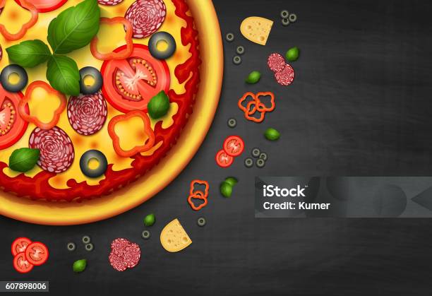 Realistic Vector Pizza Recipe Or Menu Background Stock Illustration - Download Image Now - Chalkboard - Visual Aid, Pizza, Backgrounds