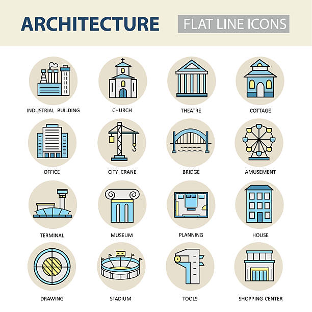 ilustrações, clipart, desenhos animados e ícones de conjunto de ícones lineares modernos com elementos de arquitetura. - drawing compass construction frame symbol column