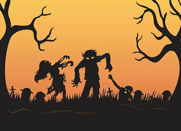 Vector illustration of Halloween background with zombies, tombstones and on the cemetery