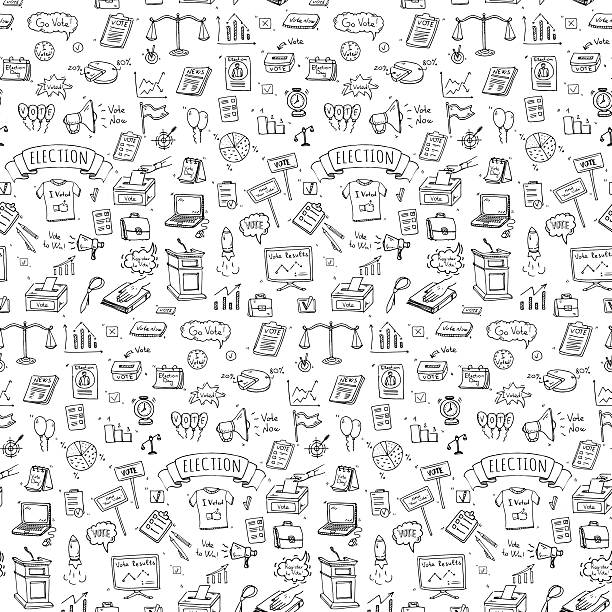 Vote icons set Seamless pattern hand drawn doodle Vote icons set. Vector illustration. Election symbols collection. Cartoon various voting elements: hand putting paper in the ballot box, speaker, scale, calendar voting drawings stock illustrations