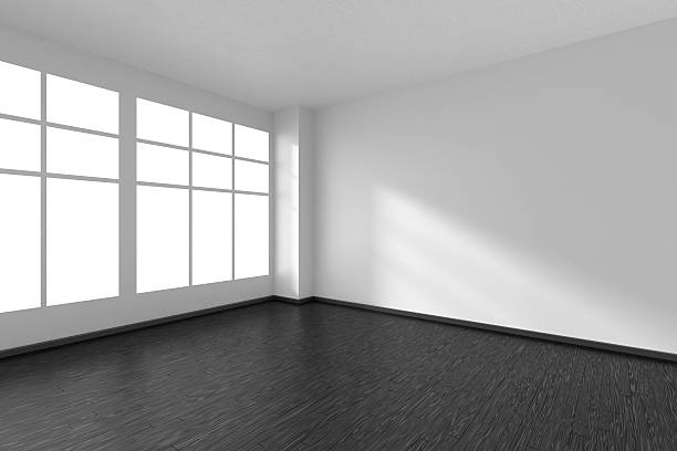 istock Empty room with black parquet floor, white walls and window 607911818