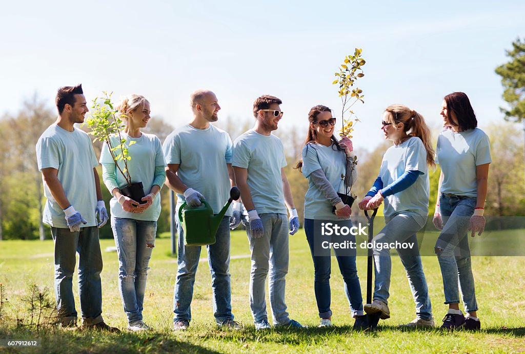 Eine Gruppe von Freiwilligen mit Bäumen und Rechen im park - Lizenzfrei Baum Stock-Foto