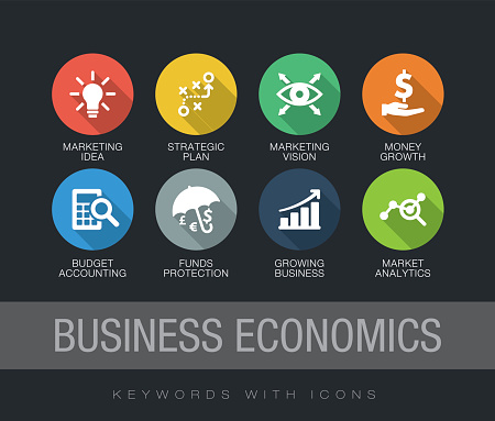 Business Economics chart with keywords and icons. Flat design with long shadows
