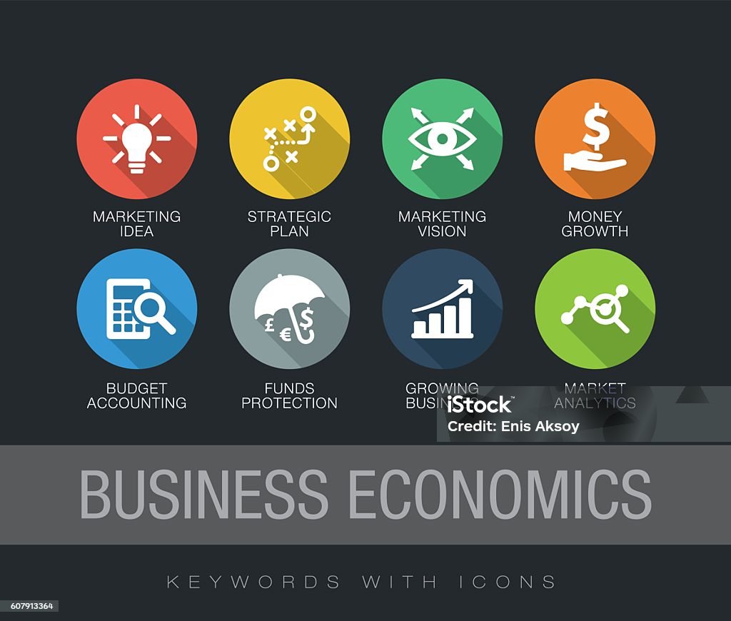 Business Economics keywords with icons Business Economics chart with keywords and icons. Flat design with long shadows Icon Symbol stock vector