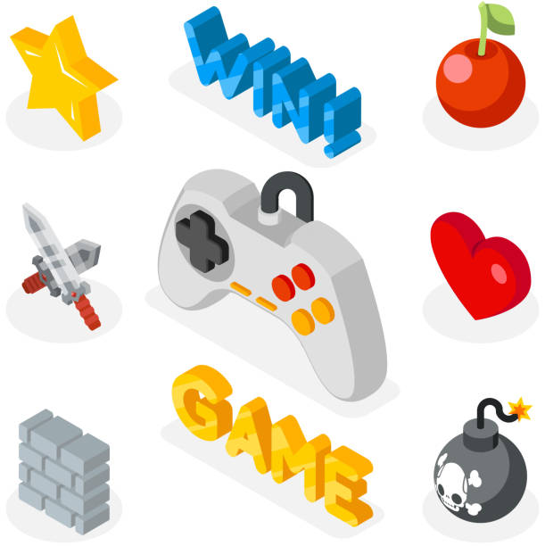 ikony gry izometrycznej. płaska ikona 3d z symbolami gier - three dimensional shape joystick gamepad computer icon stock illustrations