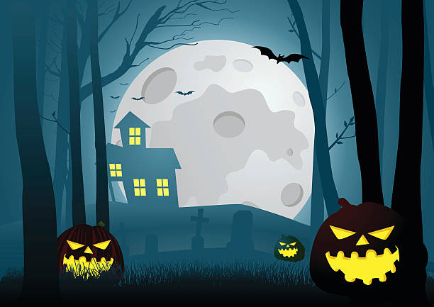 ilustrações de stock, clip art, desenhos animados e ícones de silhouette illustration of a house in the dark scary woods - cemetery grave halloween non urban scene