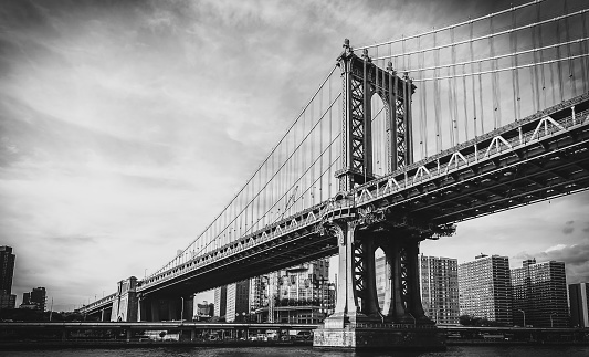 Black and White Retro Styled Image of Manhattan Bridge in New York City