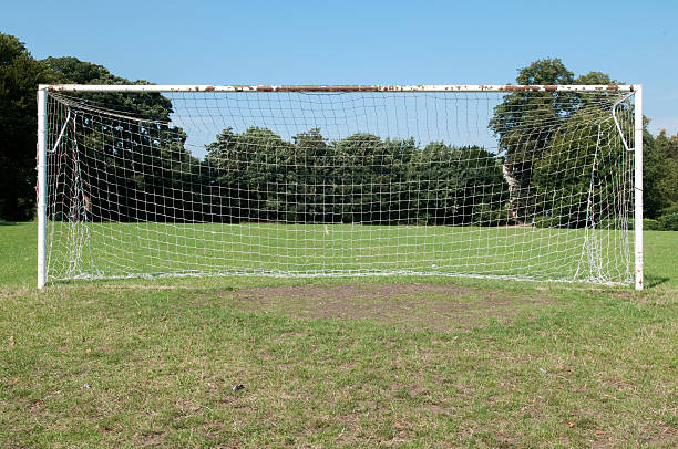 istock Football goal posts and net on a soccer pitch 607917052