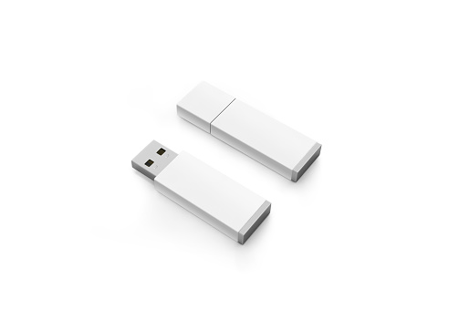 Blank white usb drive design mock up, 3d rendering, clipping path. Clear plastic flash disk template opened and closed. Plain memory device mockup. Clean pen drive branding presentation. Micro card.