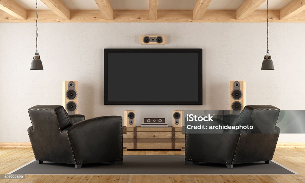 Home cinema system with vintage furniture Vintage room with contemporary home cinema system - 3d rendering Entertainment Center Stock Photo