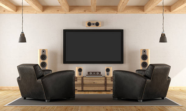 Home cinema system with vintage furniture Vintage room with contemporary home cinema system - 3d rendering entertainment center stock pictures, royalty-free photos & images